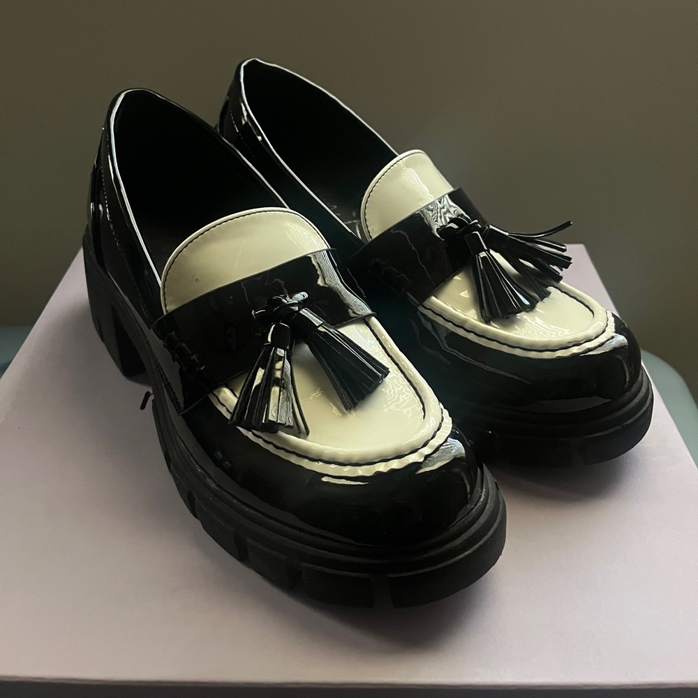 Black and White Tassel Loafers